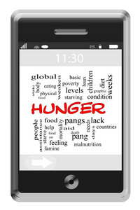 在触摸屏手机上的饥饿词云概念