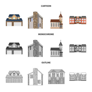 建筑物和前面符号的孤立对象。股票的建筑物和屋顶矢量图标集