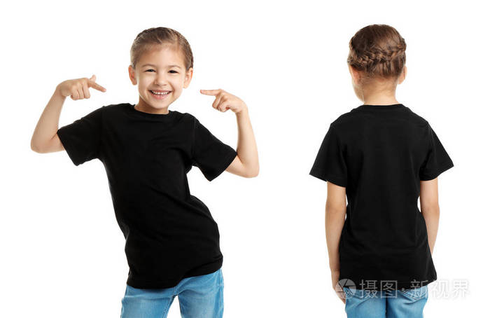 在白色背景黑色 t恤衫的小女孩的正面和背面的看法。设计样机