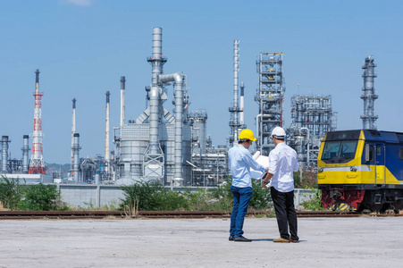 工程师身穿白色头盔站在炼油厂背景上