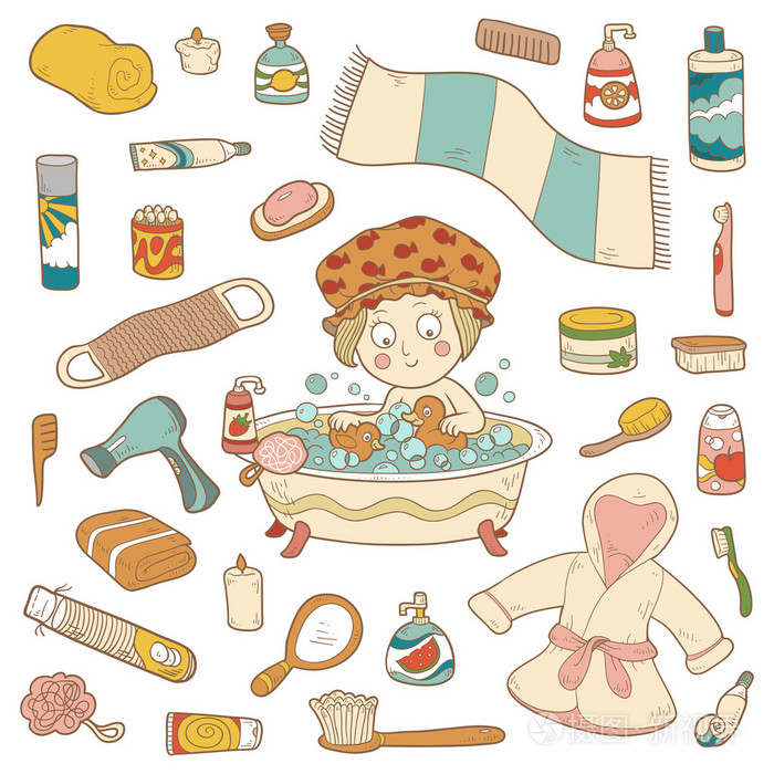 组的矢量卡通浴室元素和个人卫生 ite