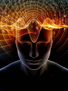 心波系列。人脑智力和人工智能项目的人头3d 插图和技术符号的构成
