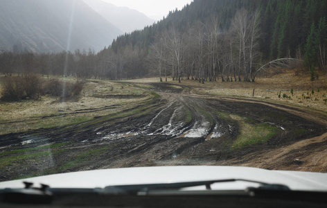 通过欧洲的性质的道路旅行。汽车的观点