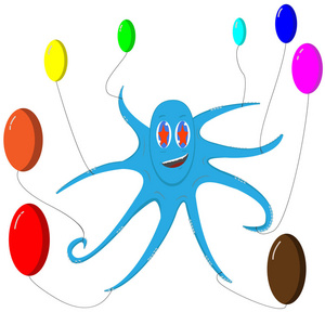 章鱼在多色气球上飞行。可爱的章鱼。向量