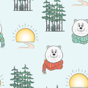 无缝的图案与可爱的熊和森林, 太阳。向量例证