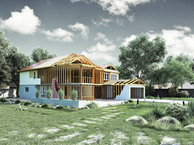 建筑工程的现代理念房子是由零件装配在土地3d 渲染图象