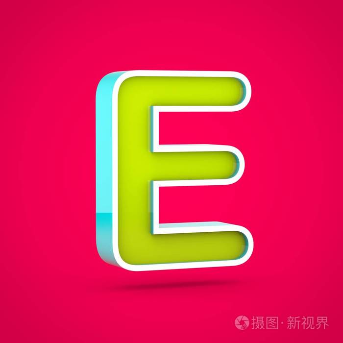 多汁字母 e 大写.3d 彩色石灰和蓝色字体在热粉色背景下的渲染