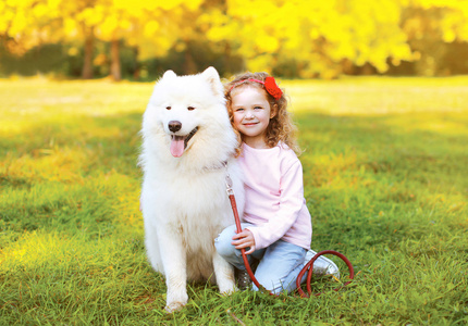 快乐的小小的女孩和狗在户外玩得开心