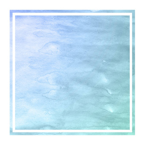 冷蓝色手画水彩矩形框架背景纹理与污渍。现代设计元素