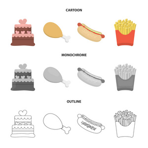 蛋糕, 火腿, 热狗, 炸薯条。快餐集合图标在卡通, 轮廓, 单色风格矢量符号股票插画网站