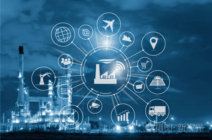 行业40概念智能工厂与图标流自动化和数据交换的制造技术