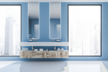 现代浴室的内部, 蓝色的墙壁, 白色的地板, 双水槽与木制台面下和两个狭窄的镜子。3d 渲染