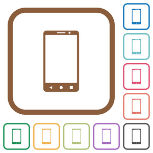 现代手机与三按钮简单的图标在白色背景的彩色圆方形框架