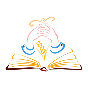 公鸡飞了起来一本打开的书, 一个麦穗, 祈祷的手和一只鸟飞了起来照片