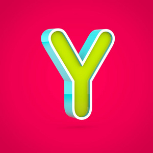 多汁字母 y 大写.3d 彩色石灰和蓝色字体在热粉色背景下的渲染照片