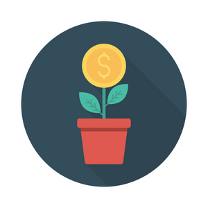 花与美元硬币在锅平面图标查出在白色背景, 向量, 例证, 成长金钱概念