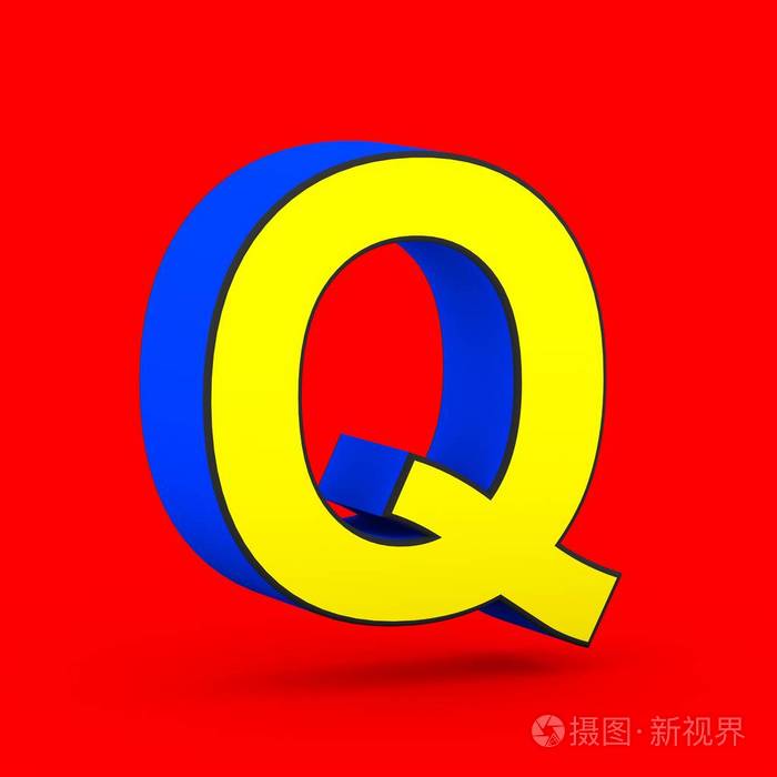 超级英雄字母q大写3d渲染在红色背景下被隔离的样式化复古蓝色和黄色