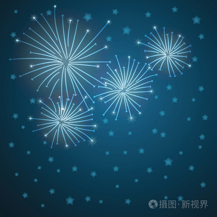 在蓝色背景上的发光星光灿烂烟花