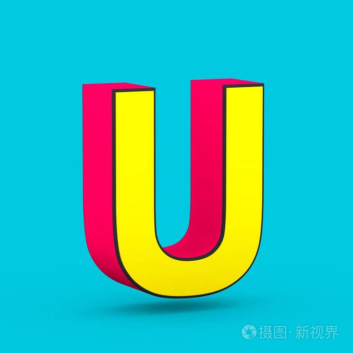 超级英雄红色和黄色字母u大写在蓝色背景上被隔离