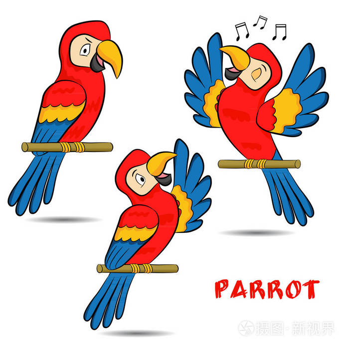 一套可爱的卡通三色鹦鹉在一个分支向量例证