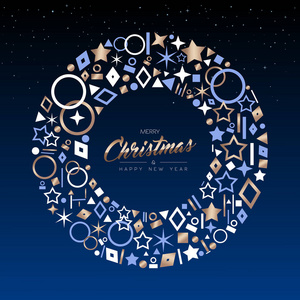 圣诞快乐新年贺卡设计与优雅的铜色装饰图标, 使节日花圈形状。Eps10 矢量