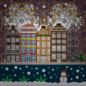 假日背景与圣诞树和房子在白色和棕色背景。向量例证