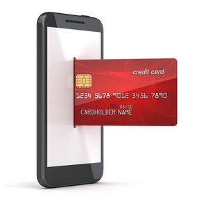 红色信用卡在电话, 3d 渲染和计算机生成的图像
