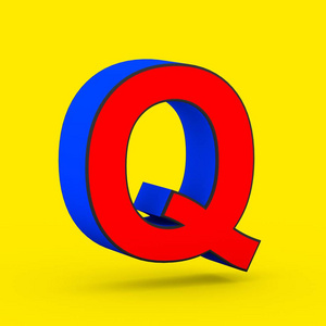 超级英雄字母 Q 大写。3d 渲染在黄色背景下被隔离的样式化复古红色和蓝色字体