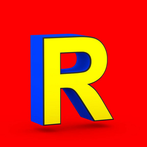 超级英雄字母 R 大写。3d 渲染在红色背景下被隔离的样式化复古蓝色和黄色字体