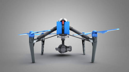 白色无人机 quadrocopter 与相片照相机飞行在蓝天空气膜概念3d 渲染灰色