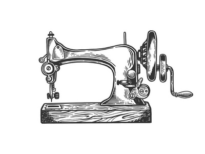老机械缝纫机雕刻矢量插画。刮板风格模仿。黑白手绘图像