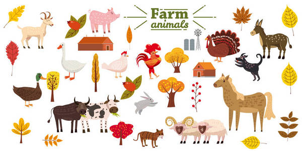 大型农场动物, 猪, 兔, 牛, 公牛, 猫, 狗, 鹅, 鸭, 火鸡, 驴, 山羊, 绵羊, 公羊, 现代程式化的树木和树叶