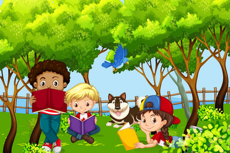 国际儿童孩子阅读在公园例证