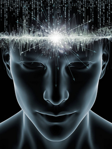 心波系列。3d 人类头部图示图与意识大脑智力和人工智能学科的技术符号