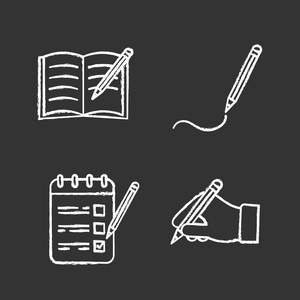 用粉笔书写用铅笔粉笔图标书写.复印书, 画画, 做单子, 手拿铅笔.