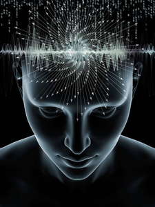 心波系列。视觉上赏心悦目的组合3d 人头插图和技术符号的作品, 在意识, 大脑, 智力和人工智能