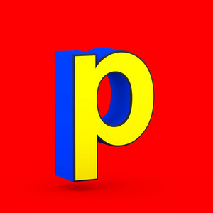 超级英雄字母 P 小写。3d 渲染在红色背景下被隔离的样式化复古蓝色和黄色字体