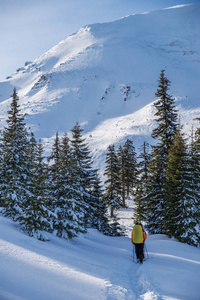 冬季远足。游客们在雪地覆盖的群山中远足。山中美丽的冬季景观
