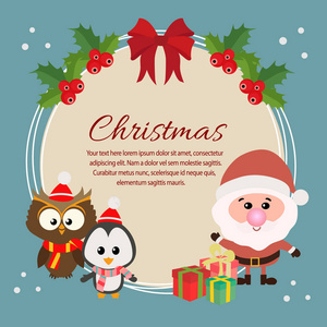 圣诞老人卡片与圣诞老人猫头鹰和企鹅