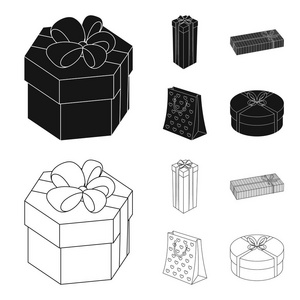 礼品盒带弓, 礼品袋。礼品和证书设置集合图标黑色, 轮廓样式矢量符号股票插画网站