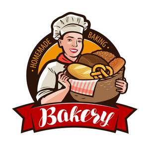 面包店, 面包房标志或标签。女贝克拿着一个柳条篮子面包