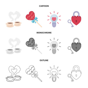 咖啡杯, 情人节, 台灯, 钥匙锁。浪漫集合图标在卡通, 轮廓, 单色风格矢量符号股票插画网站