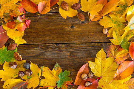 秋天的叶子超过了木质背景。文本空间