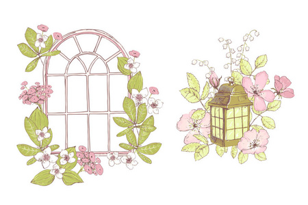 婚礼装饰用野花和窗口与灯, 老花园组合