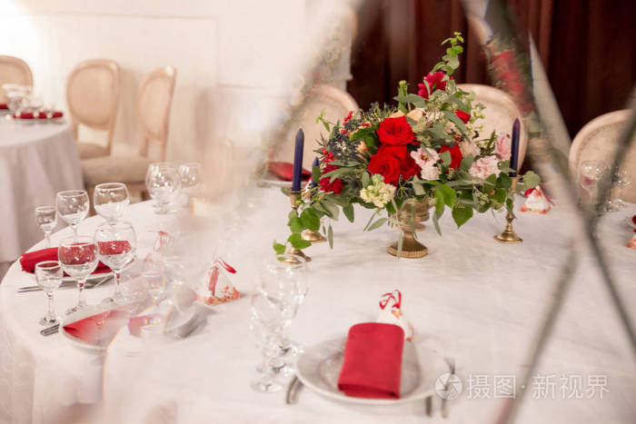 餐桌装饰, 婚礼, 餐桌设置, 鲜花, 红色和白色装饰