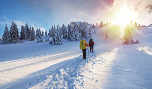 冬季远足。游客们在雪地覆盖的群山中远足。山中美丽的冬季景观