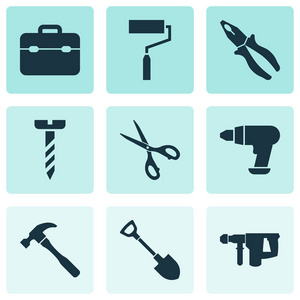 工具图标设置与电动工具, 钻头, 剪刀和其他夹具元素。独立的矢量插图工具图标