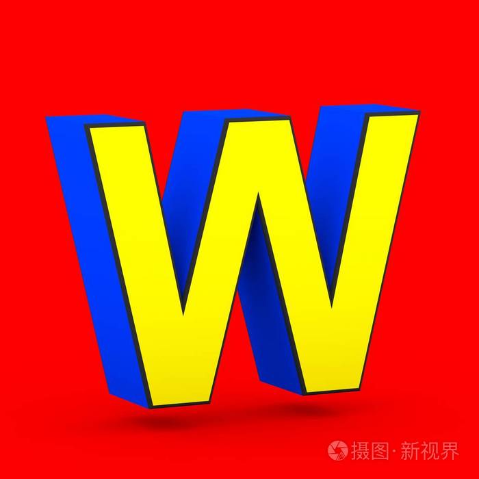 超级英雄字母w大写3d渲染在红色背景下被隔离的样式化复古蓝色和黄色