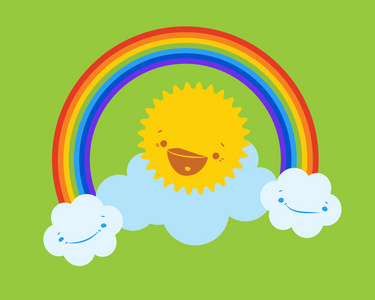 可爱的太阳，微笑的云朵和彩虹的矢量图