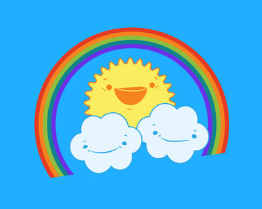 矢量图的可爱快乐的阳光,微笑的云朵和彩虹照片